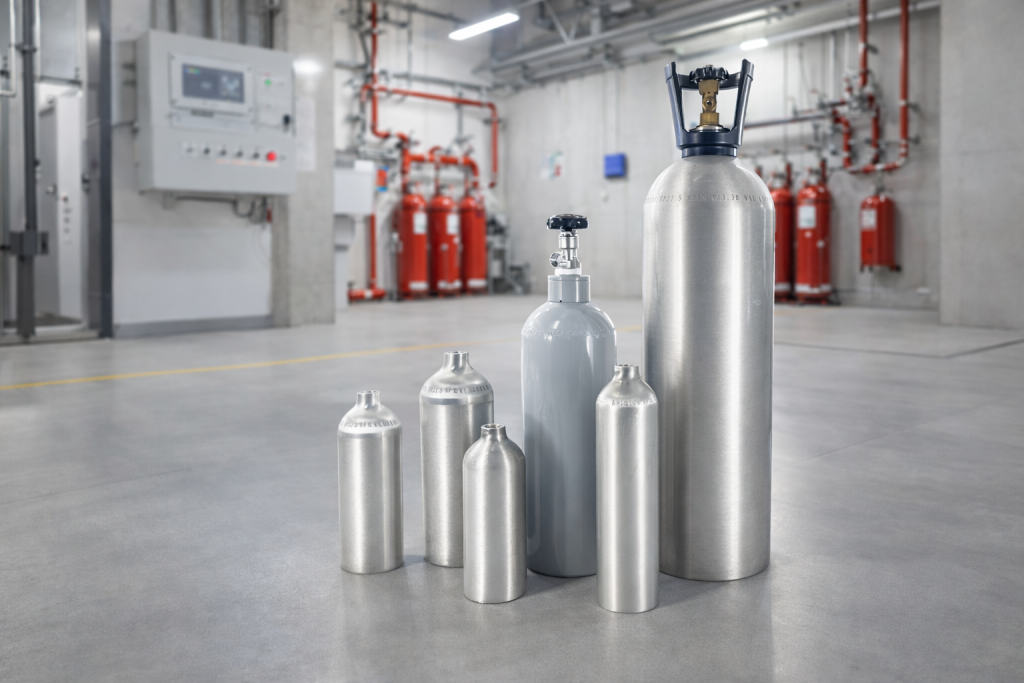 Photo représentant toutes les tailles de cylindres co2 dans un environnement industriel propre.